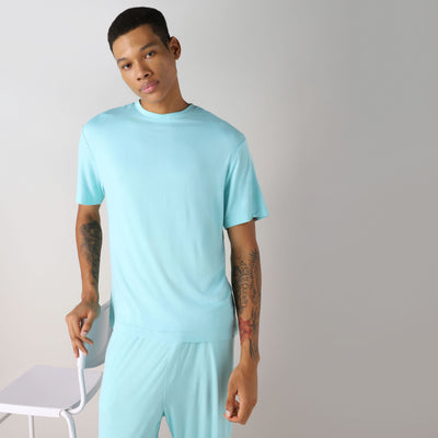 LuxeSoft Bamboo - Men's Bamboo Regular Lounging or Sleep T-Shirt (Aqua sky)